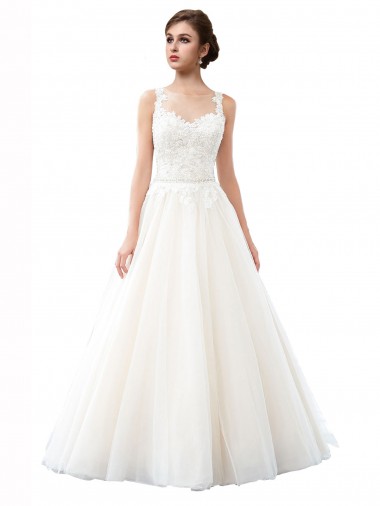 Shop Illusion Neck A-Line Tulle Beach Wedding Dress with Lace Bodice Canada