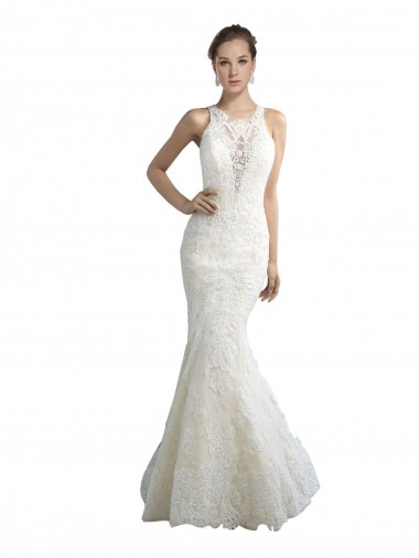 Shop Deep Illusion Neck Mermaid Tulle Beach Wedding Dress with All Over Lace Canada