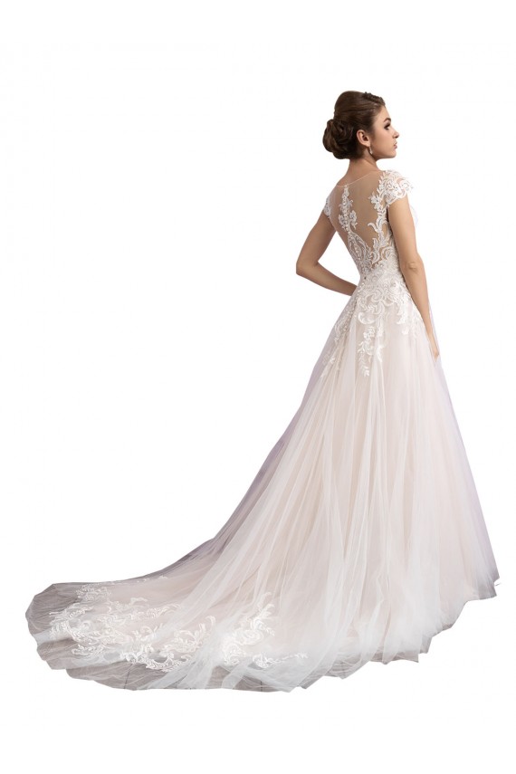 Illusion Cap Sleeves A-Line Tulle Beach Wedding Dress with Lace Bodice