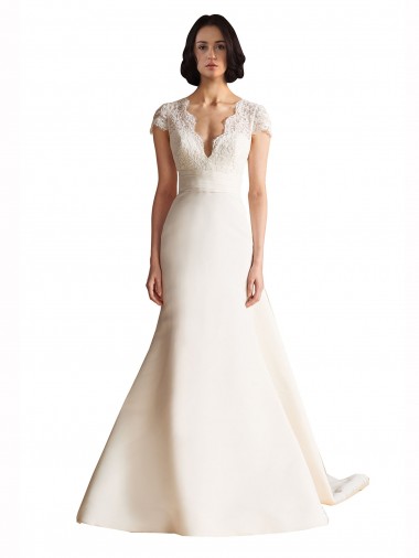 Shop V-Neck Lace Bodice A-Line Satin Wedding Dress with Keyhole Back Canada