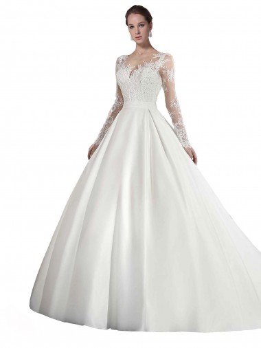 Shop Long Sleeves Illusion Neck A-Line Satin Wedding Dress with Lace Bodice Canada