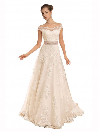 Shop Off the Shoulder Illusion Back A-Line Lace Beach Wedding Dress Canada