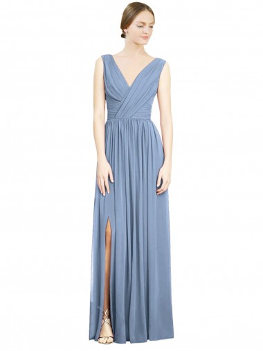 Shop Sleeveless Draped Chiffon Maxi Bridesmaid Dress with Front Slit Canada