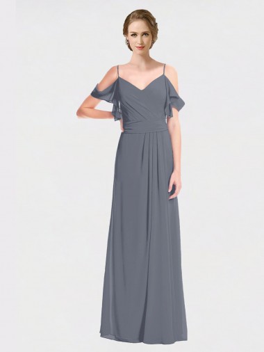 Shop Long Chiffon Spaghetti Strap V-Neck Bridesmaid Dress with Off-The-Shoulder Flutter Sleeves Canada