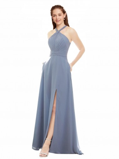 Shop High Neck Chiffon Bridesmaid Dress with Draped Bodice Canada