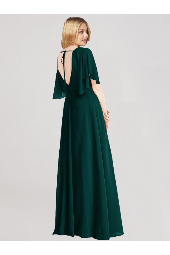 Full-Length Flutter Sleeves Plunging V Back Chiffon Bridesmaid Dress