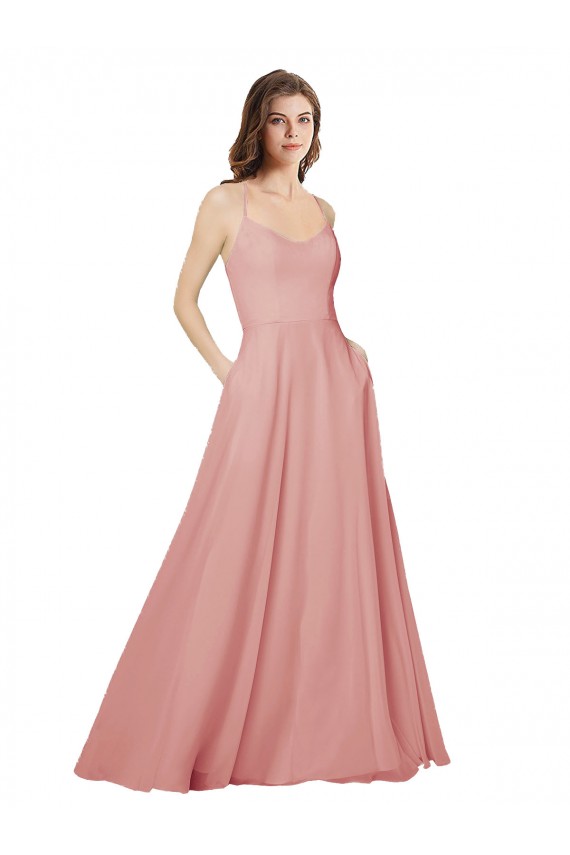 Open Back Wide Tie Band Long Chiffon Bridesmaid Dress with Pockets