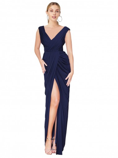 Shop Draped V-Neck Long Chiffon Bridesmaid Dress / Formal Prom Dress with Front Slit Canada