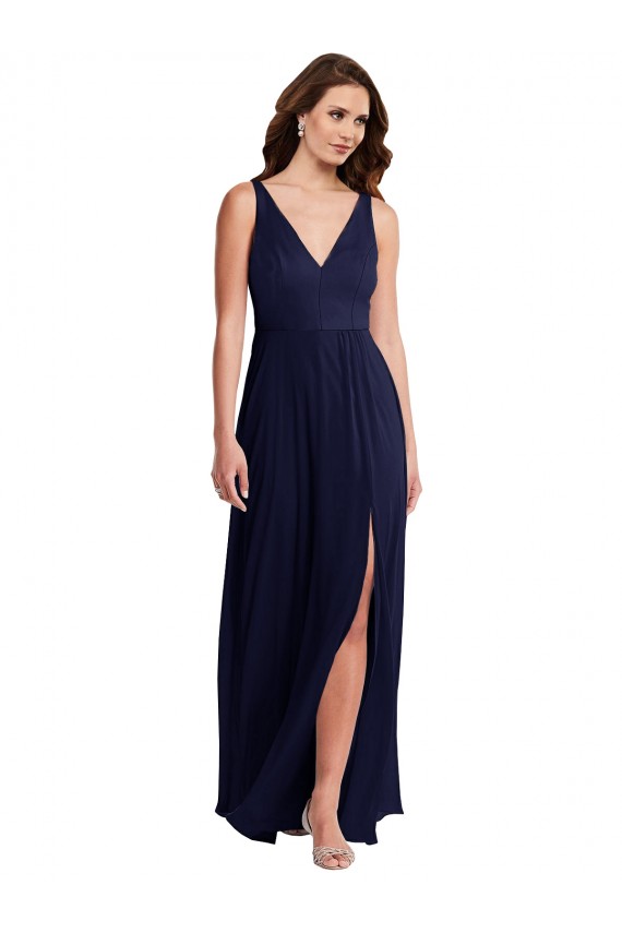 Deep V-Neck Chiffon Maxi Bridesmaid Dress with Front Slit