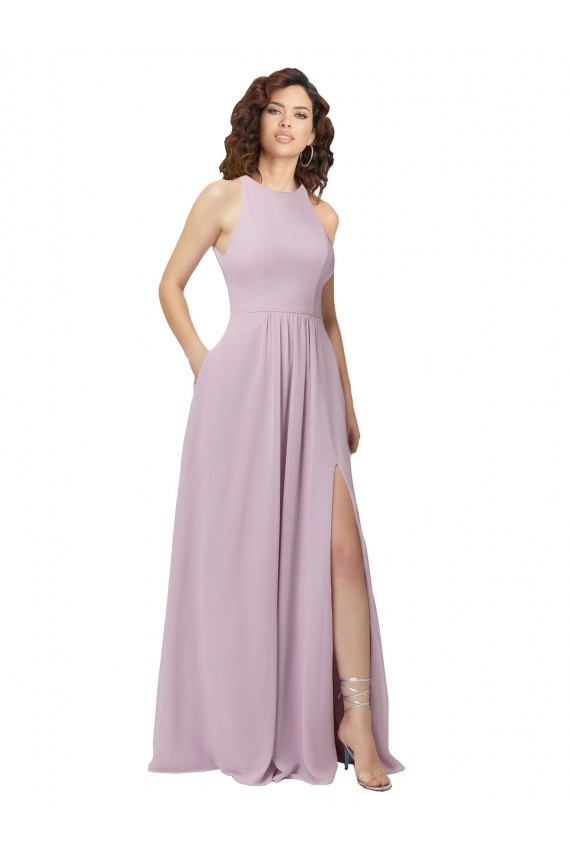 High-Halter Chiffon Bridesmaid Dress with Keyhole Cowl Back