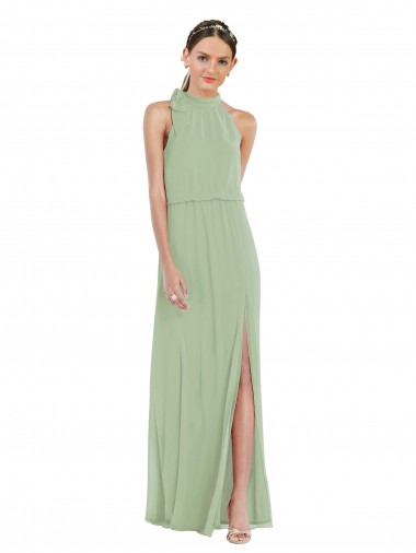 Shop High Neck Scarf Tie Blouson Bodice Maxi Bridesmaid Dress with Front Slit Canada