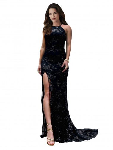 Shop Formal High Neckline Lace Open Back Bridesmaid Dress / Prom Dress with High Slit Canada