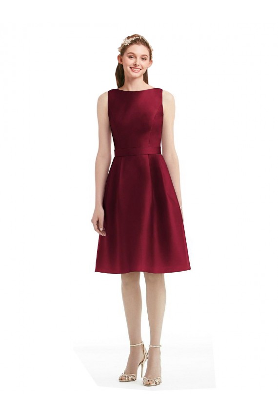 Short Midi Length Satin Cocktail Bridesmaid Dress with Bateau Neckline and V-Back