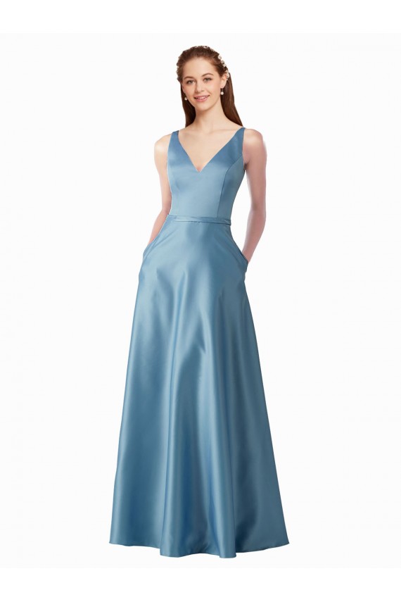 Classic Satin V-Neck A-Line Bridesmaids Dress with Pockets