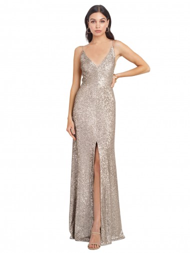 Shop V-Neck Fully Sequin Formal Bridesmaid Dress / Prom Dress with V-Back and Front Slit Canada