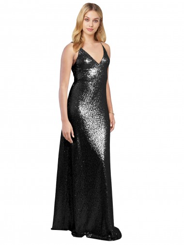 Shop Full Length A-Line Formal Sequin Bridesmaid Dress / Prom Dress with Spaghetti Straps V-Neckline Canada