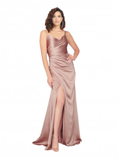 Shop Floor Length Formal Silky Satin Bridesmaid Dress / Prom Dress with Front Skirt Slit Canada