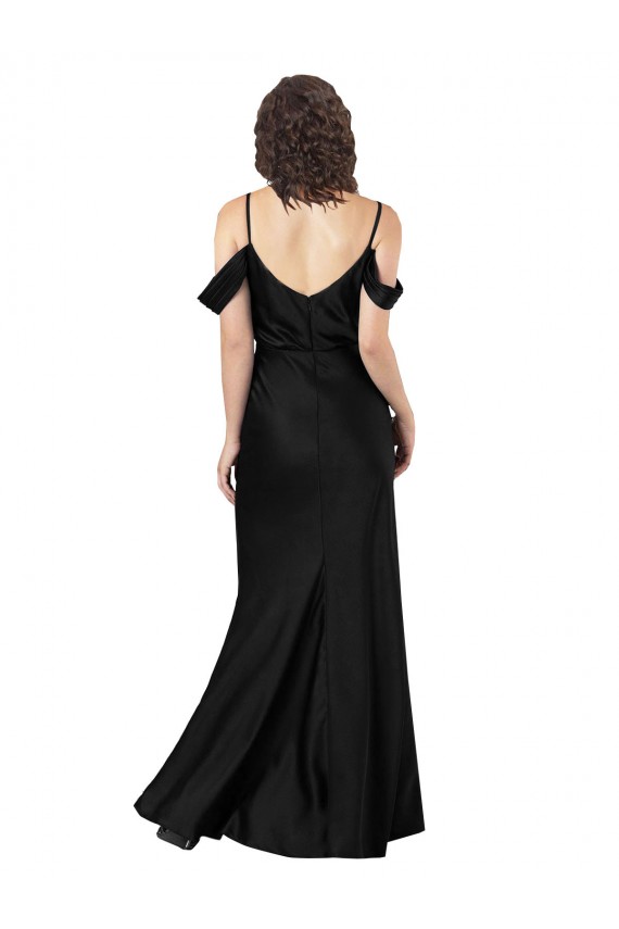 Off the Shoulder Sleeves Formal Silky Satin Bridesmaid Dress / Prom Dress with Skirt Slit