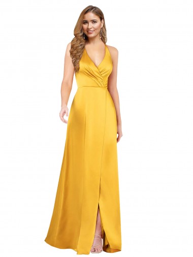 Shop Halter A-Line Formal Silky Satin Bridesmaid Dress / Prom Dress with V-Neckline and Slit Canada