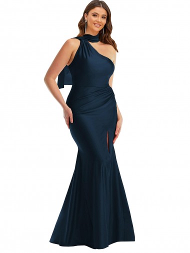 Shop Scarf Neck One Shoulder Formal Silky Satin Mermaid Bridesmaid Dress / Prom Dress with Front Slit Canada