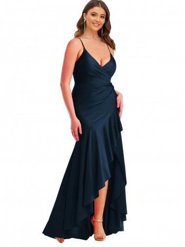 Shop Pleated Wrap Ruffled High Low Formal Silky Satin Bridesmaid Dress / Prom Dress Canada