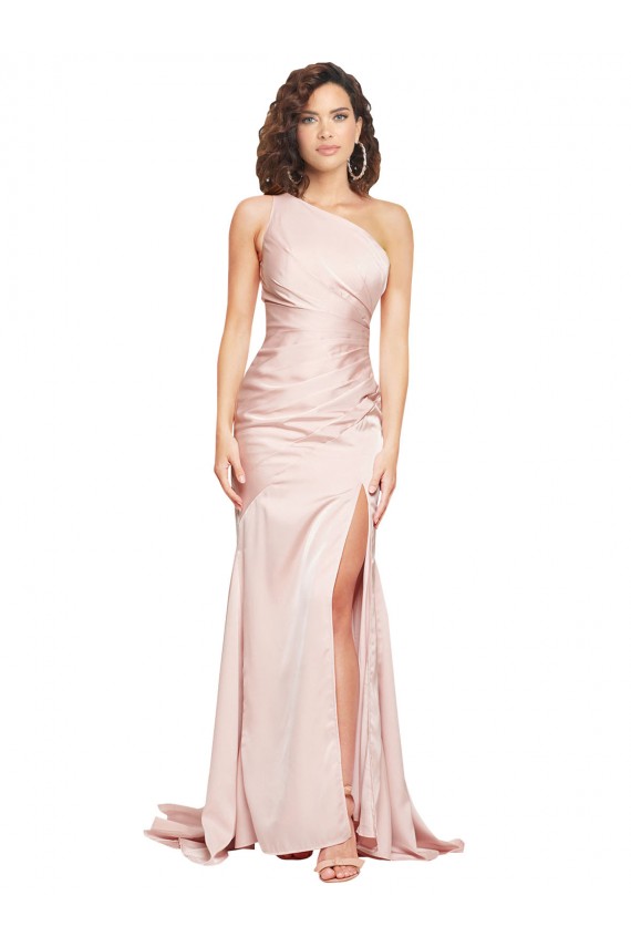 Full Length One Shoulder Long Formal Silky Satin Bridesmaid Dress / Prom Dress with High Split