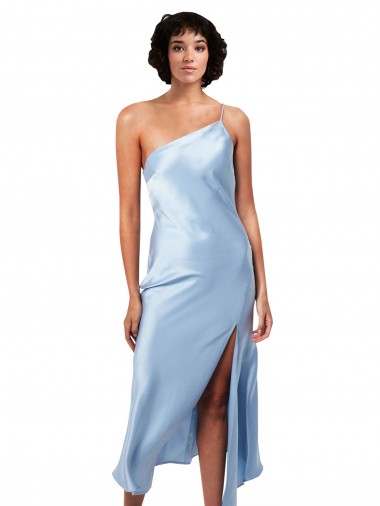 Shop Midi Length Short Formal Silky Satin Bridesmaid Dress / Cocktail Prom Dress with Asymmetric Neckline and High Side Split Canada