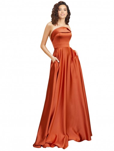 Shop Strapless Sweep Train Formal Silky Satin Bridesmaid Dress / Prom Dress with Pleats Canada