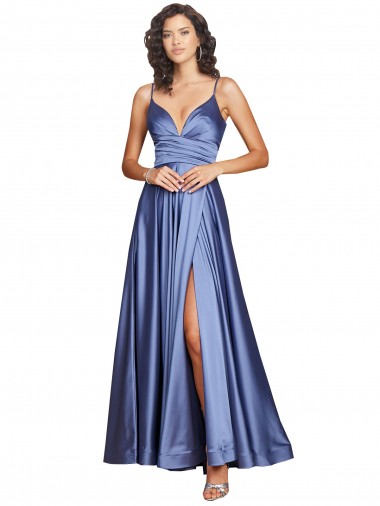 Shop Deep V-Neck Sweetheart Long Formal Silky Satin Bridesmaid Dress / Prom Dress with Thigh High Slit Canada