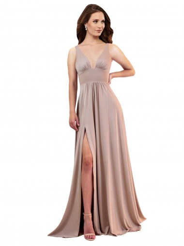 Shop Long A-Line Plunge V-Neckline Formal Spandex Bridesmaid Dress / Prom Dress with Slit Canada