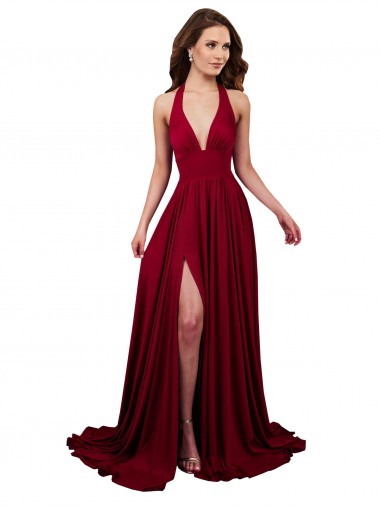 Shop A-Line Halter Plunge V-Neckline Open Back Formal Spandex Bridesmaid Dress / Prom Dress with Slit Canada