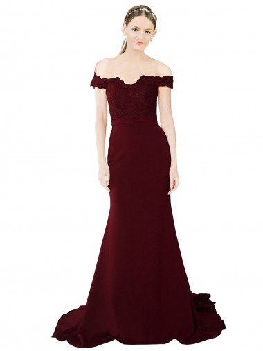 Shop Full Length Off the Shoulder Formal Crepe Bridesmaid Dress / Prom Dress with Lace On Bodice and Back Canada