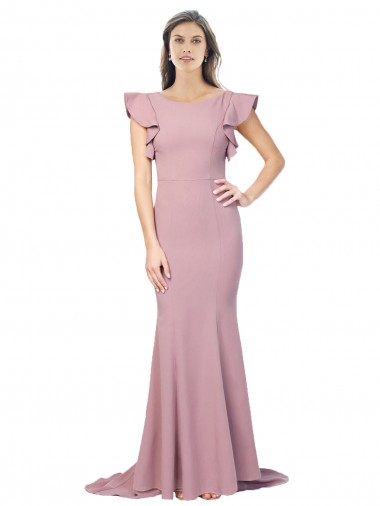 Shop Flutter Sleeves Low V-Back High Round Neck Formal Crepe Bridesmaid Dress / Prom Dress Canada