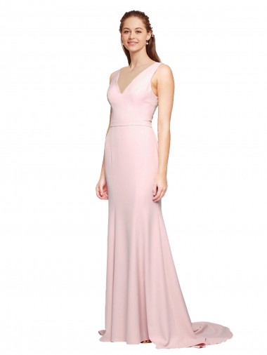 Shop Deep V-Neckline and Back Long Sweep Train Crepe Bridesmaid Dress / Prom Dress with Shoulder Straps Canada