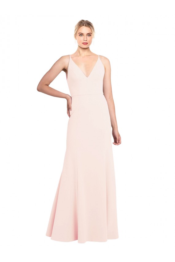 Slim A-Line V-Neck Long Stretch Formal Crepe Bridesmaid Dress / Prom Dress with V-Back