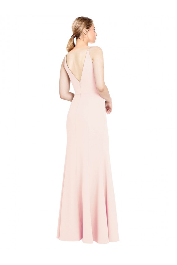 Slim A-Line V-Neck Long Stretch Formal Crepe Bridesmaid Dress / Prom Dress with V-Back