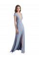 Plunging V-Neck Cap Sleeves Stretch Crepe Bridesmaid Dress / Prom Dress with Front Slit