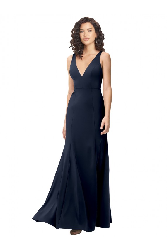 Classic V-Neck Long Stretch Formal Crepe Bridesmaid Dress / Prom Dress with V-Back