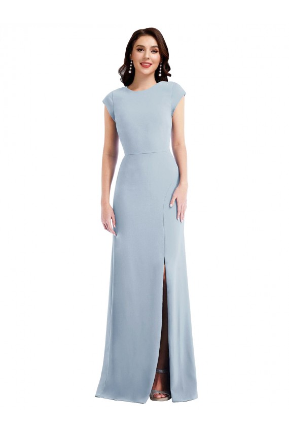 Cap Sleeve Open Back Trumpet Formal Crepe Bridesmaid Dress / Prom Dress with Front Slit