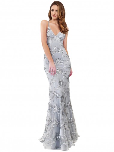 Shop Silver V-Neckline Backless Floral Patterned Sequin Formal Bridesmaid Dress / Prom Dress Canada