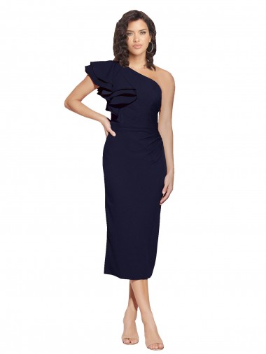 Shop Ruched Midi Length Short Cocktail Formal Crepe Bridesmaid Dress / Prom Dress with Shoulder Ruffles Canada