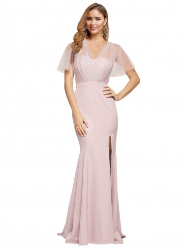 Shop Crepe Long Sweetheart Neckline Formal Bridesmaid Dress / Prom Dress with Tulle Overlay Shoulders Canada