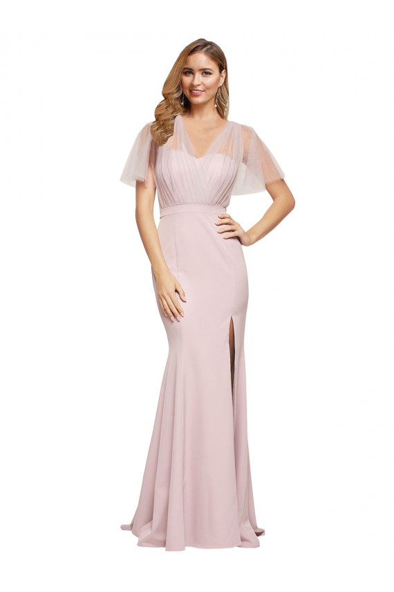 Crepe Long Sweetheart Neckline Formal Bridesmaid Dress / Prom Dress with Tulle Overlay Shoulders