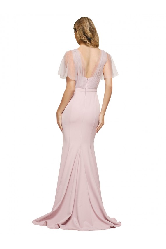 Crepe Long Sweetheart Neckline Formal Bridesmaid Dress / Prom Dress with Tulle Overlay Shoulders