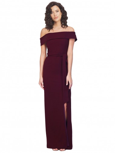 Shop Fitted Full Length Off the Shoulder Formal Crepe Bridesmaid Dress / Prom Dress with Side Split and Waist Tie Canada