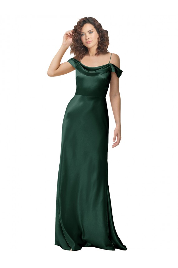 Off the Shoulder Sleeves Long Formal Stretch Satin Bridesmaid Dress / Prom Dress with Pleated Draped Neckline