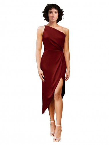 Shop One Shoulder Cocktail Midi Length Short Formal Stretch Satin Wrap Style Bridesmaid Dress / Prom Dress Canada