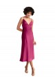 Midi Length V-Neck Short Formal Stretch Satin Bridesmaid Dress / Cocktail Prom Dress with Low Scoop Back