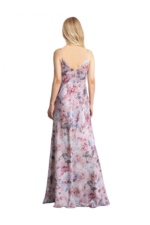 Draped Cowl Neck Long Printed Formal Stretch Satin Bridesmaid Dress