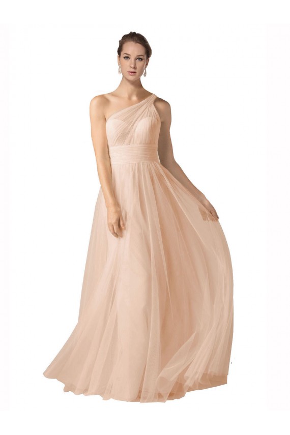 Illusion One Shoulder Tulle Bridesmaid Dress with Shirred Bodice